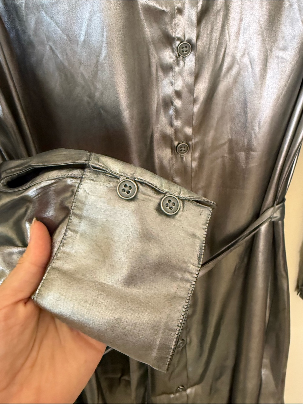 Urban Outfitters Metallic Silver Shirt Dress | Tie Waist Party Mini | Size M - Picture 4 of 9